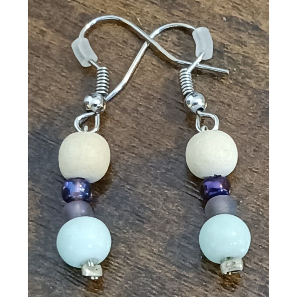 Blue Purple Wooden Stacked Bead Dangle Hook Earrings Womens Fashion